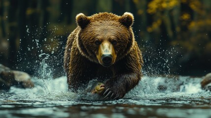 Canvas Print - Brown Bear Catching Salmon in River