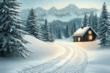 Sticker - A Cozy Cabin in a Snowy Forest with a Winding Path