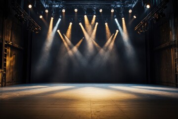 Wall Mural - An empty theater stage with dramatic lighting, featuring multiple spotlights that illuminate the stage floor. The atmosphere is set with a dark background, enhancing the focus on the stage area , ai