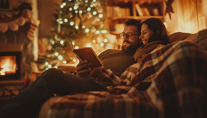 Poster - A man and woman are sitting on a couch reading a book together