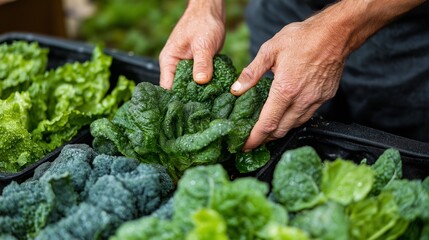 Canvas Print - Close-up of hands cutting a head of lettuce from a garden bed, with morning dew on the leaves and a soft green background