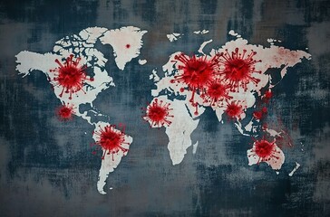 Global map showing the spread of an infectious disease, indicating a worldwide viral outbreak and pandemic. 