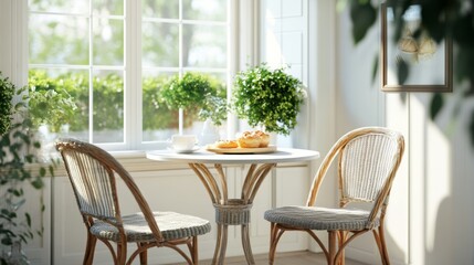 A bright and airy breakfast nook with a small round table and two chairs, set with a morning coffee and fresh pastries, creating a charming and inviting space.