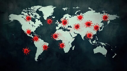 Global map showing the spread of an infectious disease, indicating a worldwide viral outbreak and pandemic. 