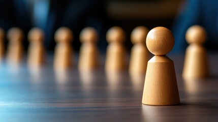 A close-up of a wooden pawn in focus, surrounded by blurred counterparts, symbolizing strategy and competition in games.