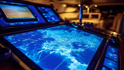 A Close-up of a Ship's Navigation System Displaying a Coastal Map at Night