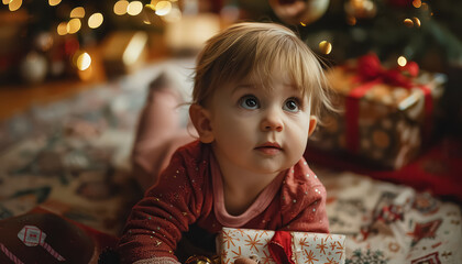 Poster - A boy is holding a box with a red ribbon on it