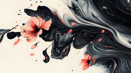 Wall Mural - Abstract Painting with Pink Flowers and Swirling Black and White Paint