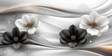 Canvas Print - An abstract background featuring flowing waves, black and white marigold flowers, and sparkles with ample copy space