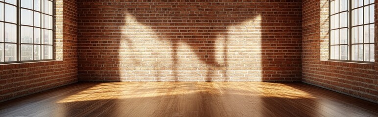 Poster - 3D rendering of an interior room featuring a brick wall and wooden floor