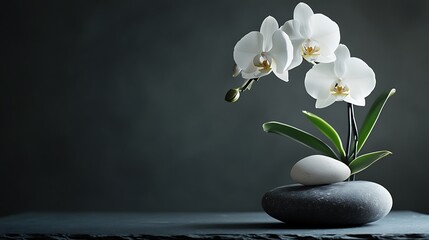 Poster - White Orchid on Grey Stone, a Minimalist Floral Still Life