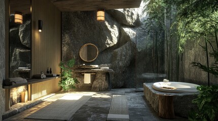 Wall Mural - 3D rendering of a stone bathroom featuring foam showcasing an eco friendly interior design with bamboo elements