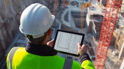 Wall Mural - A civil engineer reviewing site plans on a tablet, with a large infrastructure project in the background, showing the connection between technology and hands-on supervision.