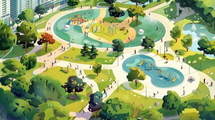 Wall Mural - Show a city landscape featuring urban parks and recreational areas, with people enjoying outdoor activities, playgrounds, and sports fields