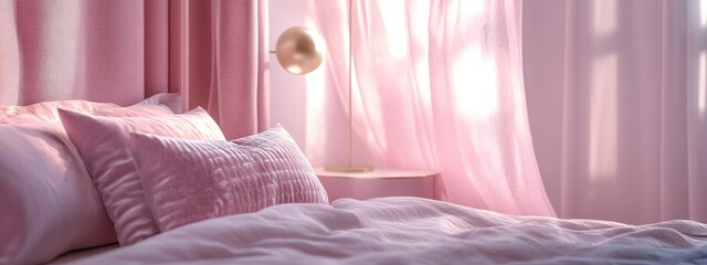 Wall Mural - 3D rendering of a pink bedroom featuring a curtain tulle bed pillow and nightstand in close up