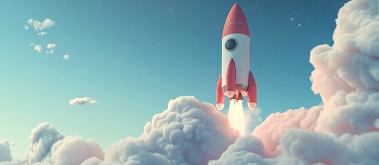 Poster - Cartoon rendering in 3D of a space rocket set against the sky