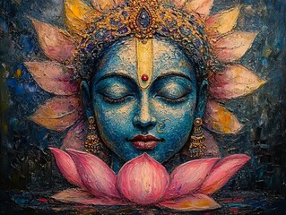 Wall Mural - Artistic portrait of Krishna with vibrant lotus flowers, detailed close-up of divine expressions and spiritual symbolism, new beautiful stock image illustration AI