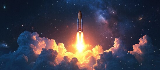 Poster - Spaceship rocket flying into space through clouds of smoke set against a starry sky in a 3D cartoon rendering
