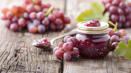 Homemade grape jam in a jar on a rustic table, with fresh grapes and a vintage spoon beside it.