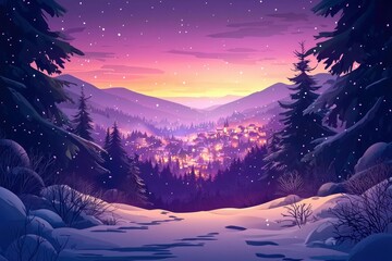 Wall Mural - Snowy Mountain Valley with a Village at Dusk