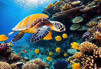 vibrant coral reef teeming diverse marine life including colorful sea intricate coral structures under crystal clear waters, ocean, fish, turtle, underwater