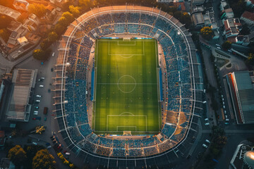 crowded soccer stadium during championship game at sunset