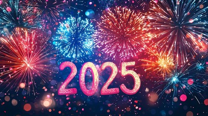 Wall Mural - The image showcases a stunning visual of colorful fireworks and dazzling lights with the bold numbers '2025', celebrating the arrival of the new year in a festive and vibrant manner.