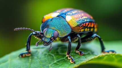 Poster - A close-up of a colorful beetle crawling on a green leaf, with intricate details of its shell and the leaf's texture clearly visible, set against a blurred background.
