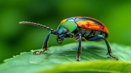 Poster - A close-up of a colorful beetle crawling on a green leaf, with intricate details of its shell and the leaf's texture clearly visible, set against a blurred background.