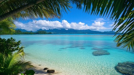 A stunning view of a tropical beach, with crystal-clear turquoise water and palm trees swaying in the breeze.