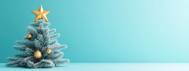 Minimalist product backdrop for winter holiday theme Christmas tree adorned with a golden star set against a blue background 3D rendered illustration with clipping paths for each element included