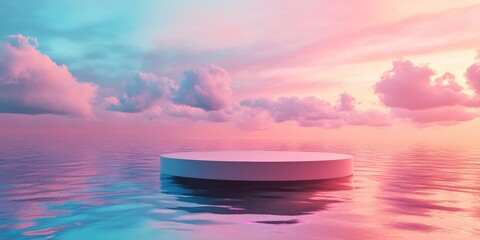 Poster - Podium floating on water with a colorful background for advertising display 3D rendering