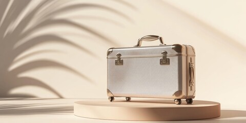 Poster - Silver suitcase trophy symbolizing victory on a podium with a light background Banner indicating second place for your travel business promotion 3D rendering