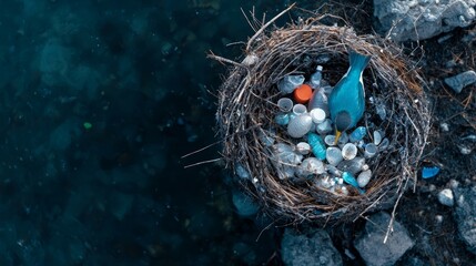 Birds nesting in a remote area, with microplastic debris in the nests, showing the impact on wildlife far from urban centers