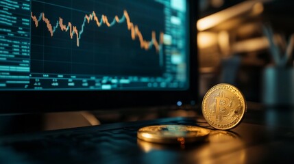 A close-up of a computer monitor showing a detailed candlestick chart specifically tracking gold prices, with a shiny gold coin on the desk in the foreground.