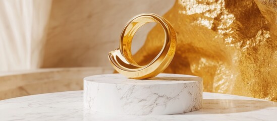 Poster - Gold glossy code icon on a white marble pedestal Contemporary symbol for digital platforms social media presentations and design templates 3D render