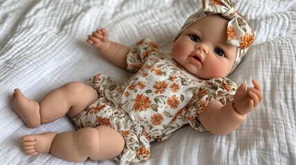 Wall Mural - A baby doll laying on a white bed