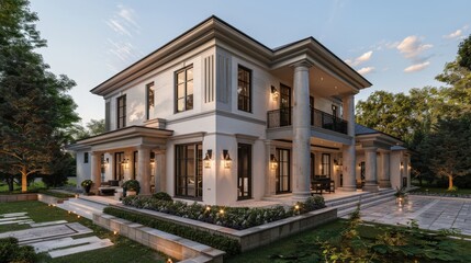 Wall Mural - Show a luxurious home exterior with a unique mix of modern and traditional elements, including a sleek facade, classic columns, and beautifully designed outdoor spaces