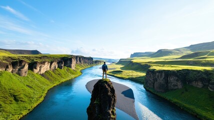 A breathtaking view of a man standing on a rocky edge overlooking a serene river and lush green landscape.