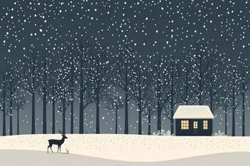 Sticker - A Deer and a Cabin in a Snowy Forest at Night