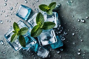 A close-up of fresh green mint leaves in a glass of water with ice cubes