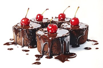 Canvas Print - Delicious Chocolate Cakes Topped with Cherries and Drizzled with Chocolate Sauce.