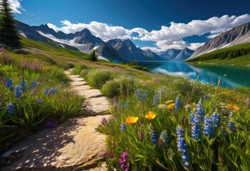 Wall Mural - vibrant landscape showcasing raw beauty lush majestic clear blue skies, nature, greenery, mountains, sky, clouds, trees, water, river, lake, field