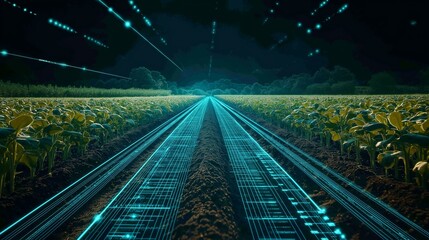 Wall Mural - An abstract background featuring a futuristic digital dashboard displaying farm analytics, overlaid on a vibrant field image