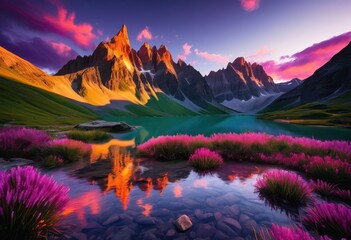 Wall Mural - breathtaking mountain landscape dawn showcasing vibrant colors majestic peaks under clear sky, adventure, altitude, backdrop, beauty, canyon, clarity