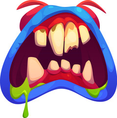 Wall Mural - Halloween monster wide-open mouth with drool jaws, dripping saliva and exaggerated sharp teeth. Isolated cartoon vector eerie zombie, alien, devil maw with scary dripping slime, blue lips and red gums