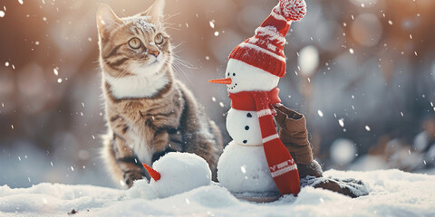 Wall Mural - Snowman and cat in a warm knitted hat on a winter background winter weather Poster
