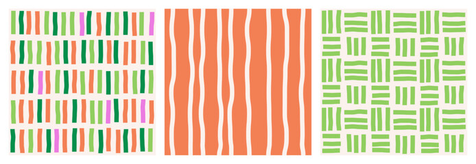 Set of abstract light seamless patterns of multicolored stripes in a row on a light background, striped green and orange patterns, hand-drawn illustration, flat style