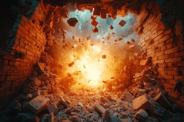 powerful explosion tearing through a brick wall with fiery debris and destruction