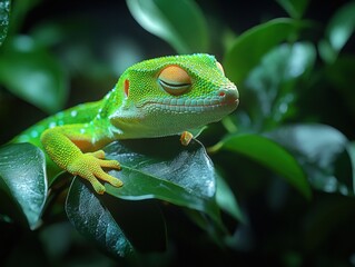 Wall Mural - A small green gecko with its eyes closed, resting on a leaf in a dark green, lush forest.